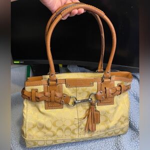 Coach Hampton Signature Yellow Canvas Whiskey Brown Leather Satchel Shoulder Bag
